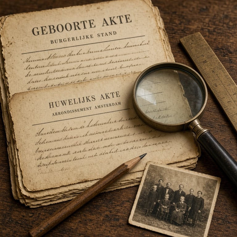Oude Nederlandse akten, een familiefoto en handgeschreven aantekeningen op een houten onderzoekstafel