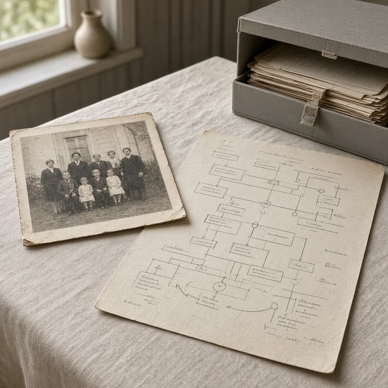 Oude familiefoto met handgeschreven aantekeningen naast een eenvoudige stamboom op papier