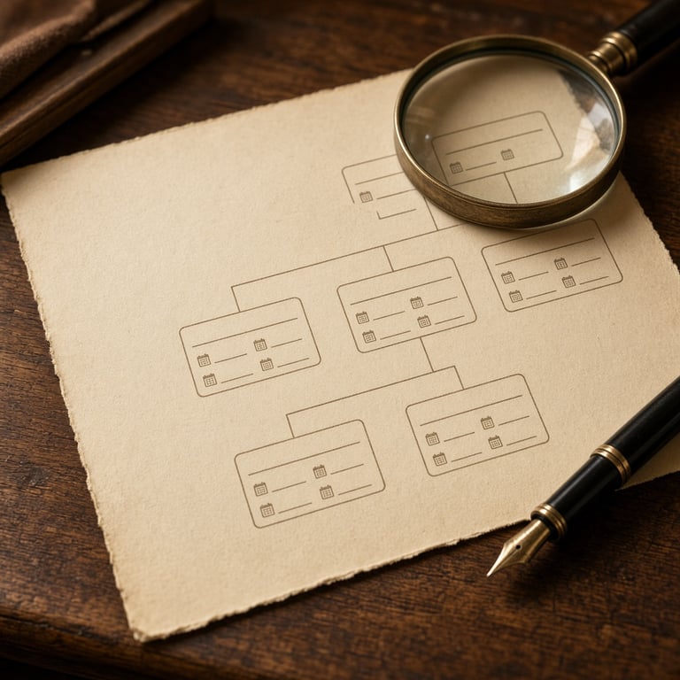 Een genealogische notitie met namen, datums en familierelaties op een houten schrijftafel