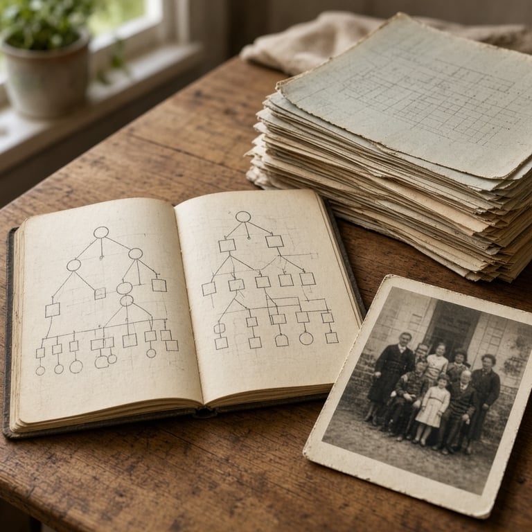 Oude familiefoto, notitieboek en genealogische papieren op een houten tafel