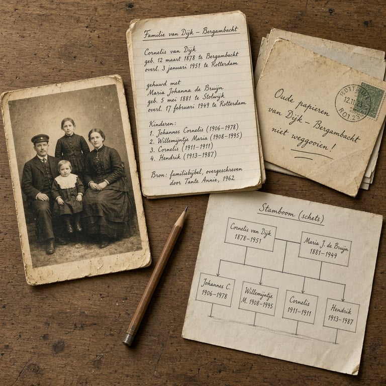Oude familiefoto, handgeschreven notities en een eenvoudige stamboom op een houten tafel