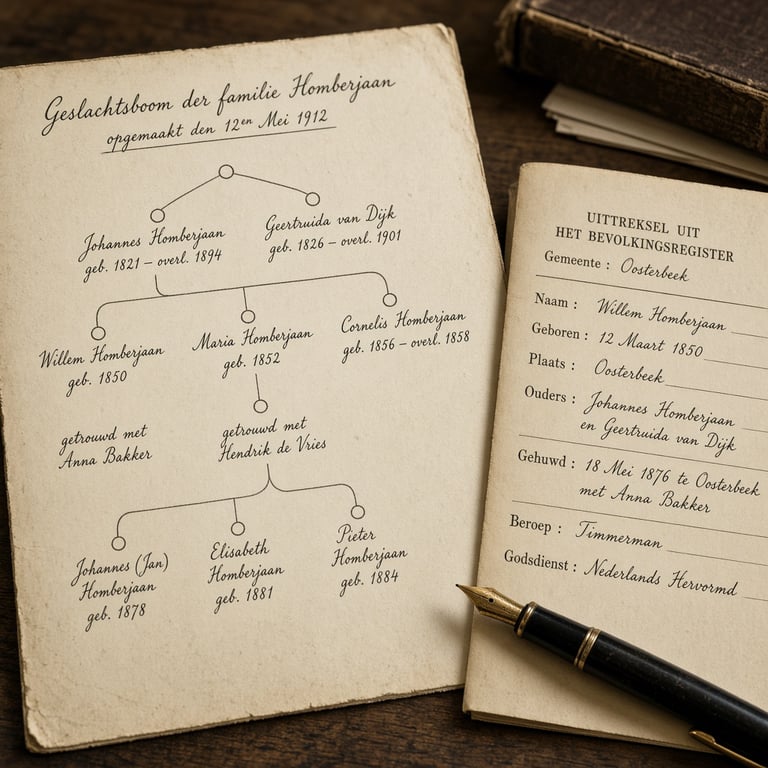 Handgetekende stamboom naast genealogische aantekeningen
