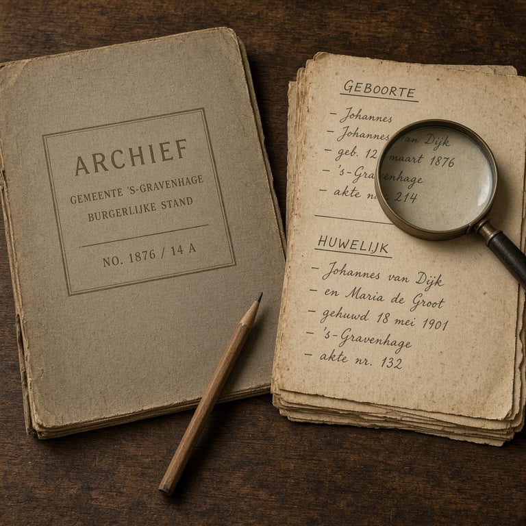 Detail van een archiefmap met geboorte- en huwelijksnotities naast een potlood en vergrootglas