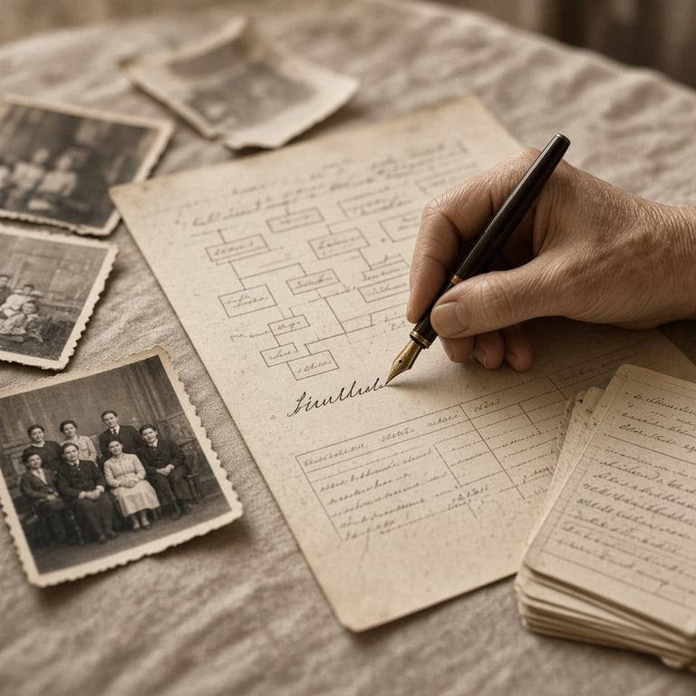 Een oud familiealbum naast handgeschreven aantekeningen voor stamboomonderzoek