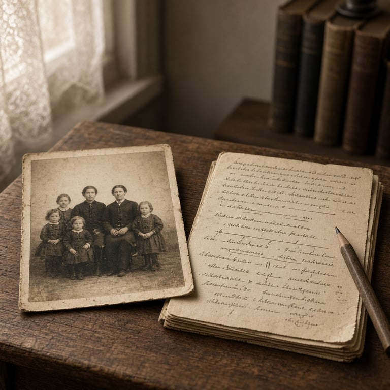 Een oude familiefoto naast handgeschreven aantekeningen voor onderzoek naar een familielijn